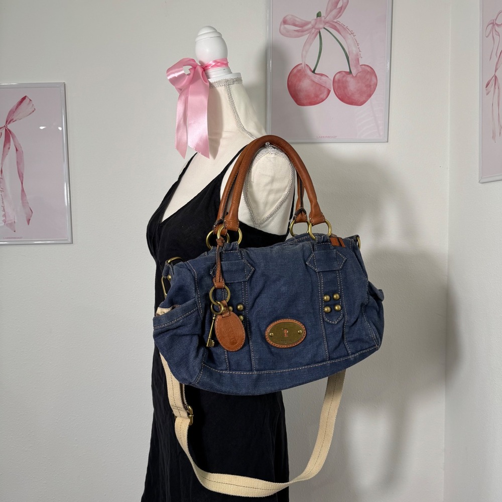 Vintage Y2K Fossil Denim Leather Baggy Hobo Shoulder Bag Crossbody